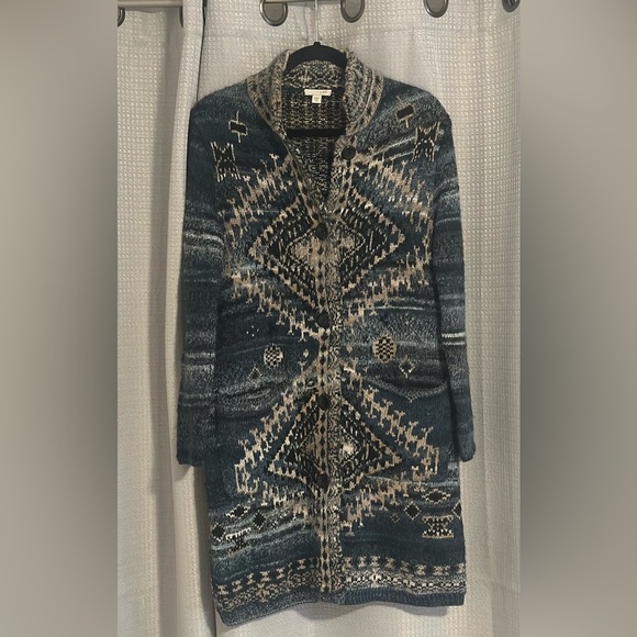 Women’s J.Jill Sweater Blue Aztec Long Cardigan Coat Duster Southwestern Size XS - Picture 1 of 6